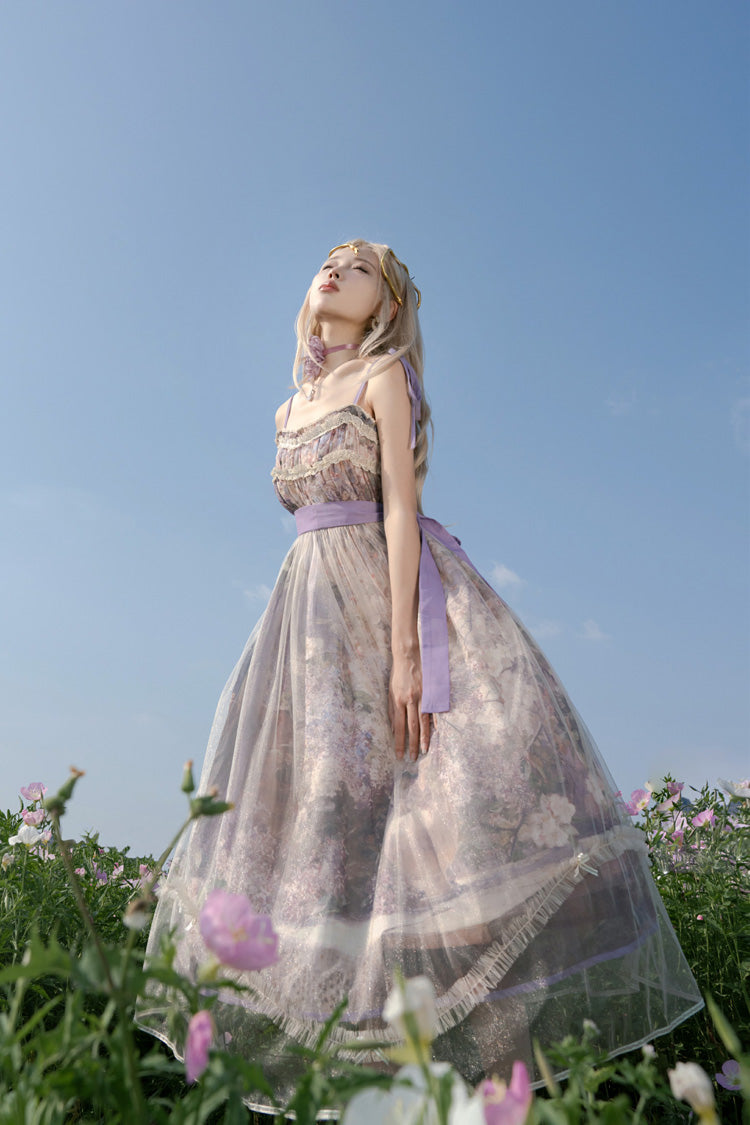 Violet Shaded Blossoms Oil Painting Sleeveless Printed Ruffled Bow Lace JSK