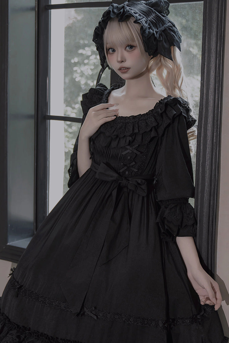 Black Good Morning Short Sleeved Ruffled Bow Lace-Up Gothic Lolita Dress