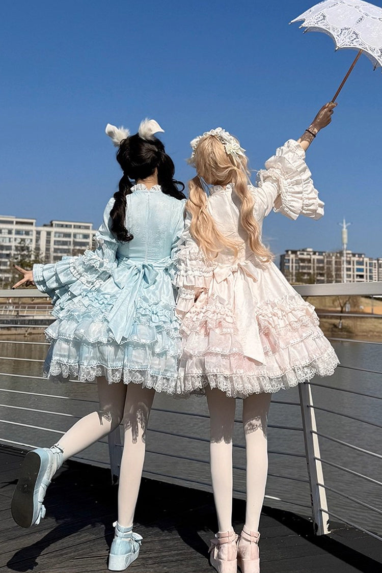 Blue Soloist Doll Long Hime Sleeve Multi-Layer Print Ruffle Bow Asymmetrical Sweet Lolita