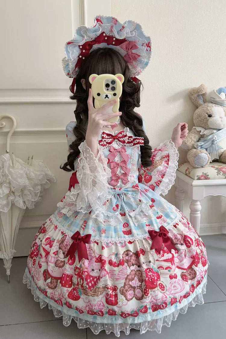 Blue/Red Sweet Lolita OP Dress Half Sleeves Bow Lace Lace-Up - Sweet Berry Bunny Bear
