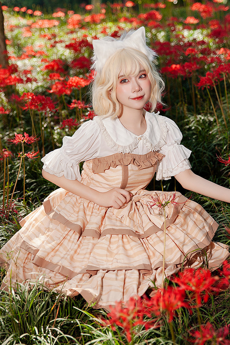Sweet Apricot Triple-Layer Print Ruffle Bow Lolita Dress