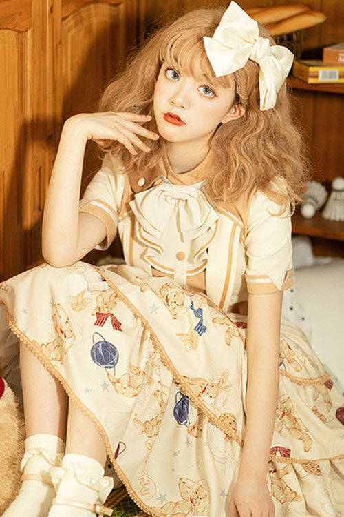 Multicolor Bunny Astronaut Print Short Sleeve 3-Tier Sweet Lolita OP Dress - Altfashion Shop