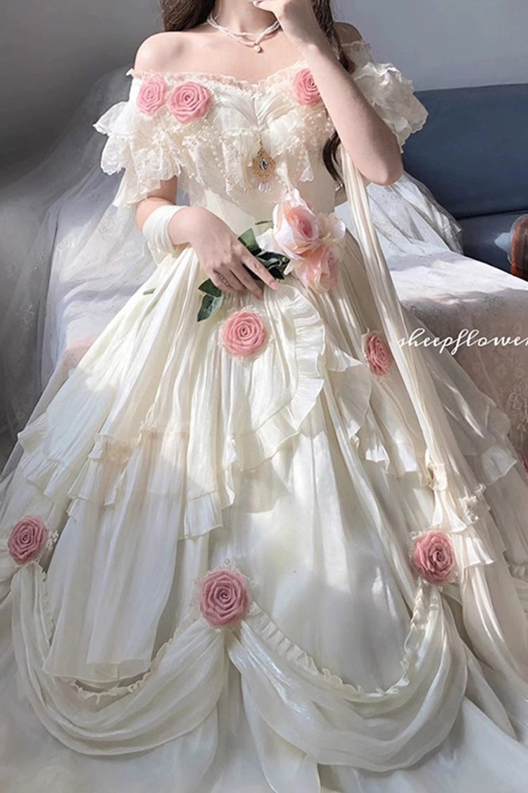 Ivory Rose Pattern Long Sleeve Ruffled Bow Elegant Princess Lolita Strapless