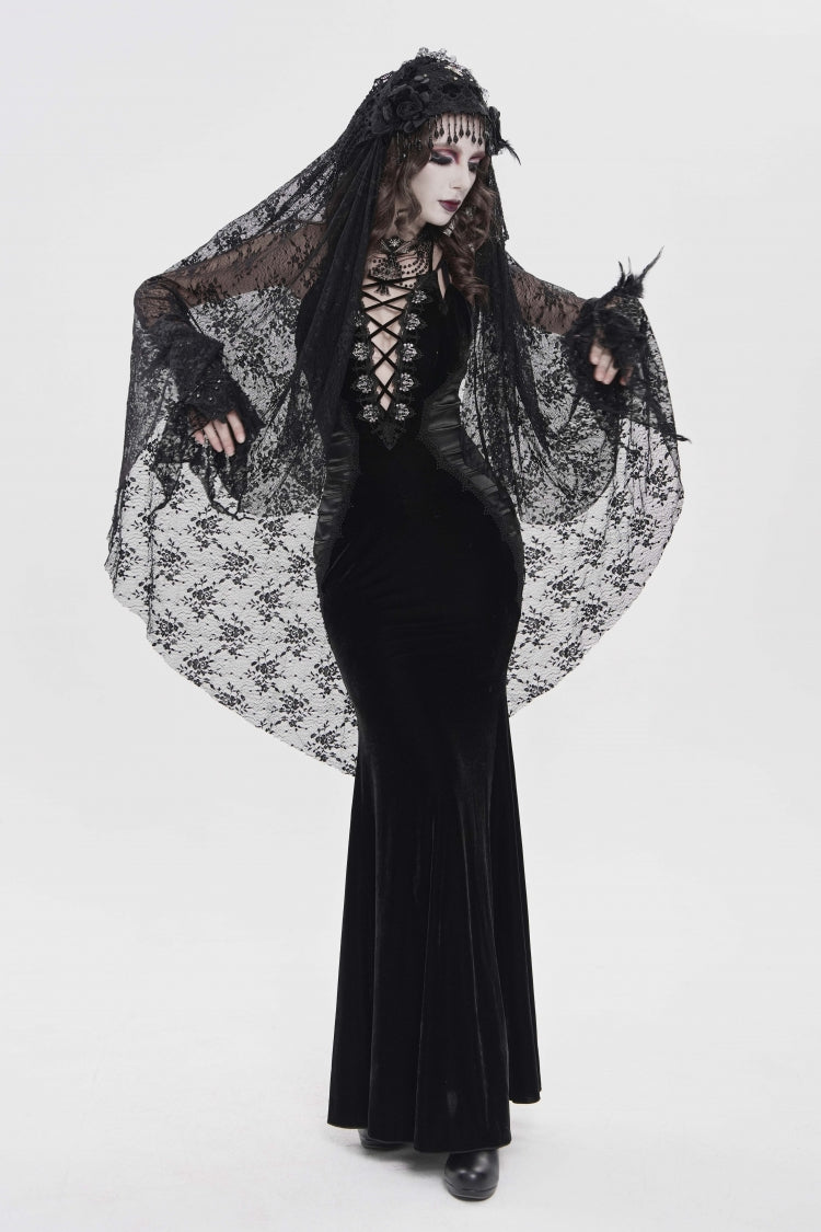 Off Shoulder Sleeveless Spliced Lace-Up Slim Pleated Gothic Jsk Dress