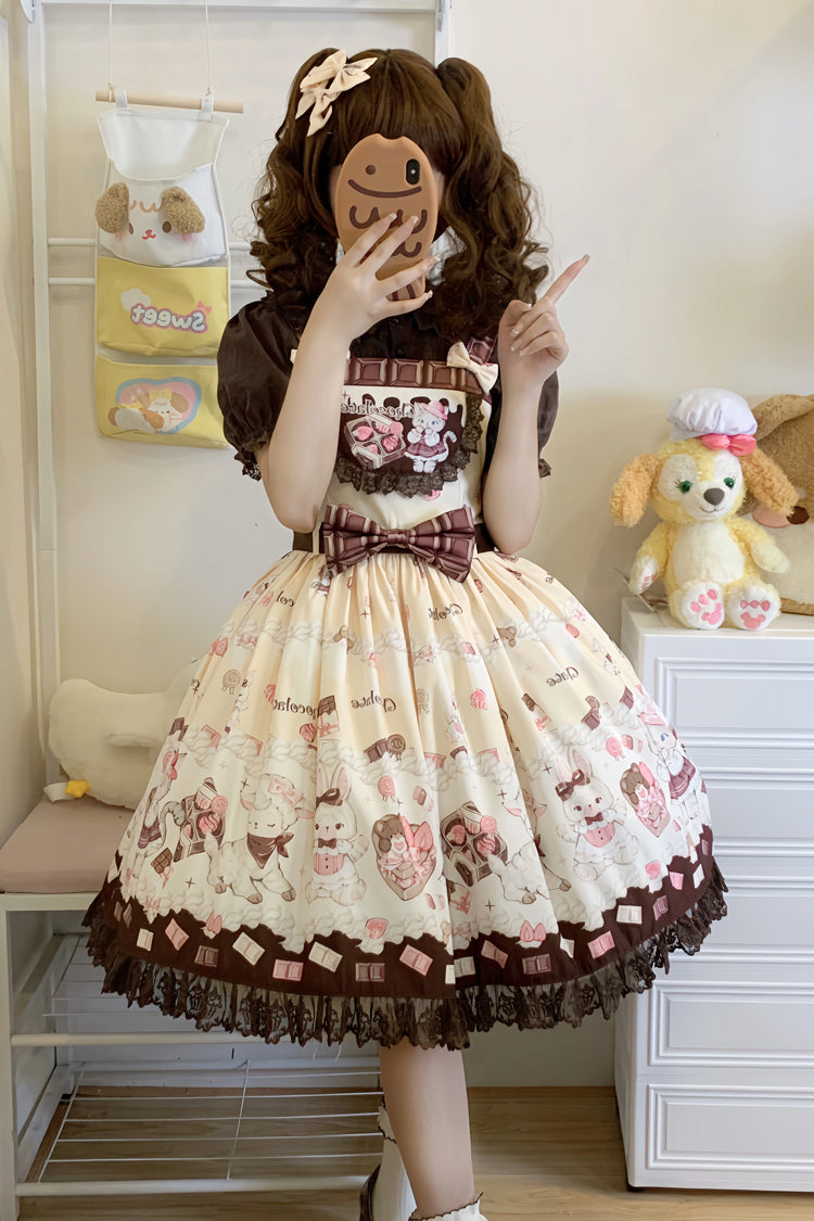 Chocolate Rosette Cat Printed Bow Stitching Lace Sweet Lolita JSK Dress