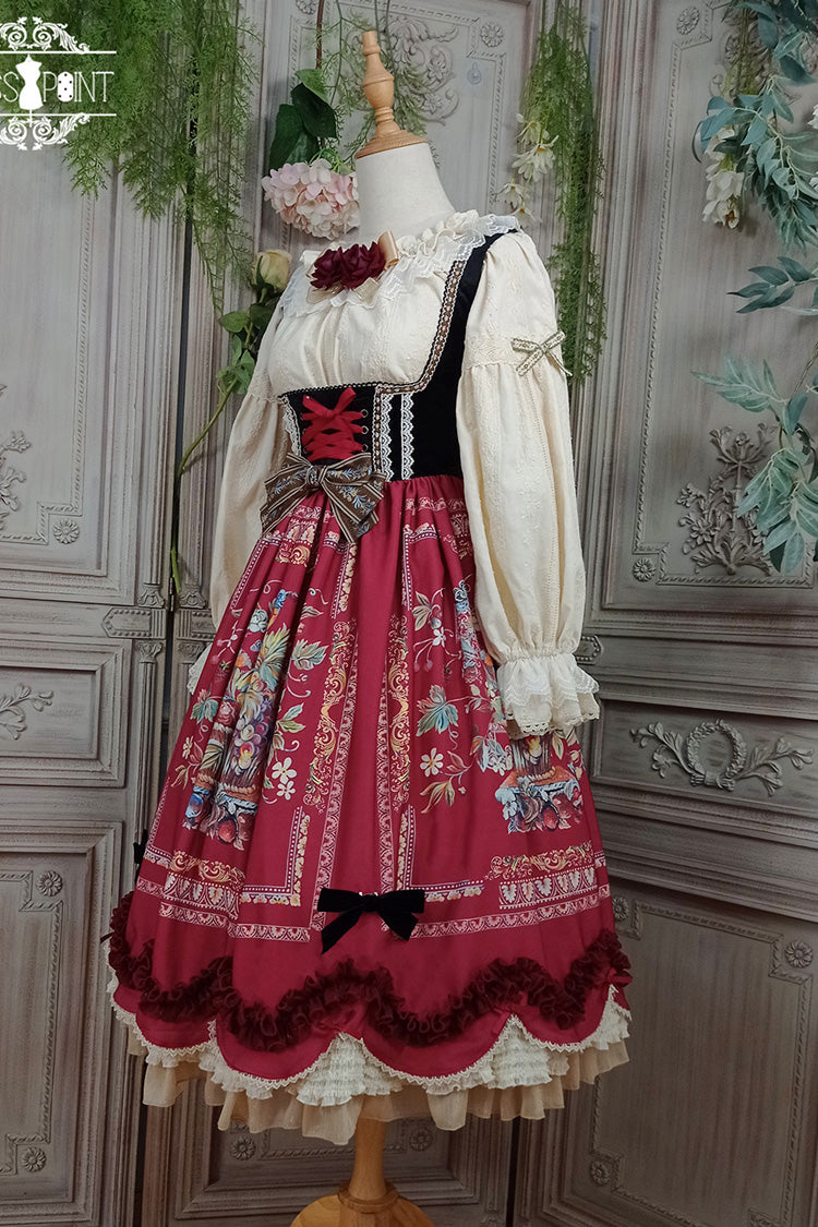 Wine Red Velvet Classic Lolita JSK Dress with Berries and Birds Print Ruffle Bowknot