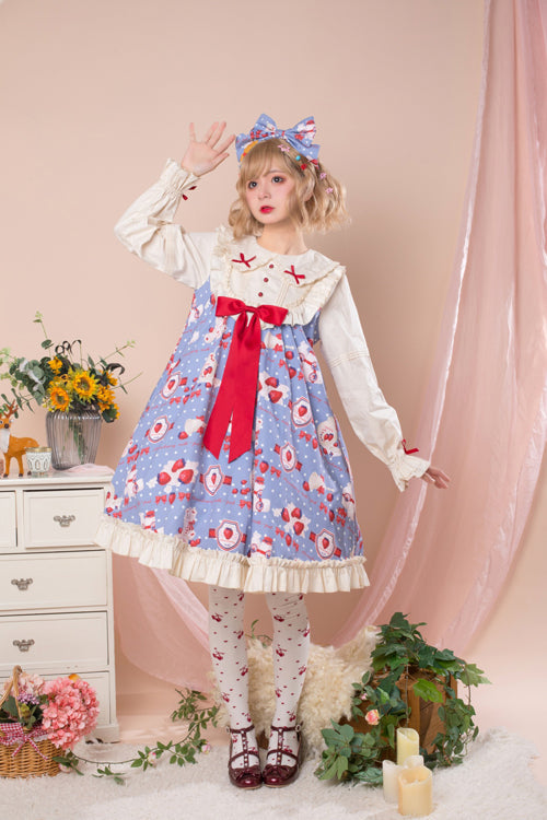 Strawberry Milk Print Lolita OP Dress - High Waist, Sweet