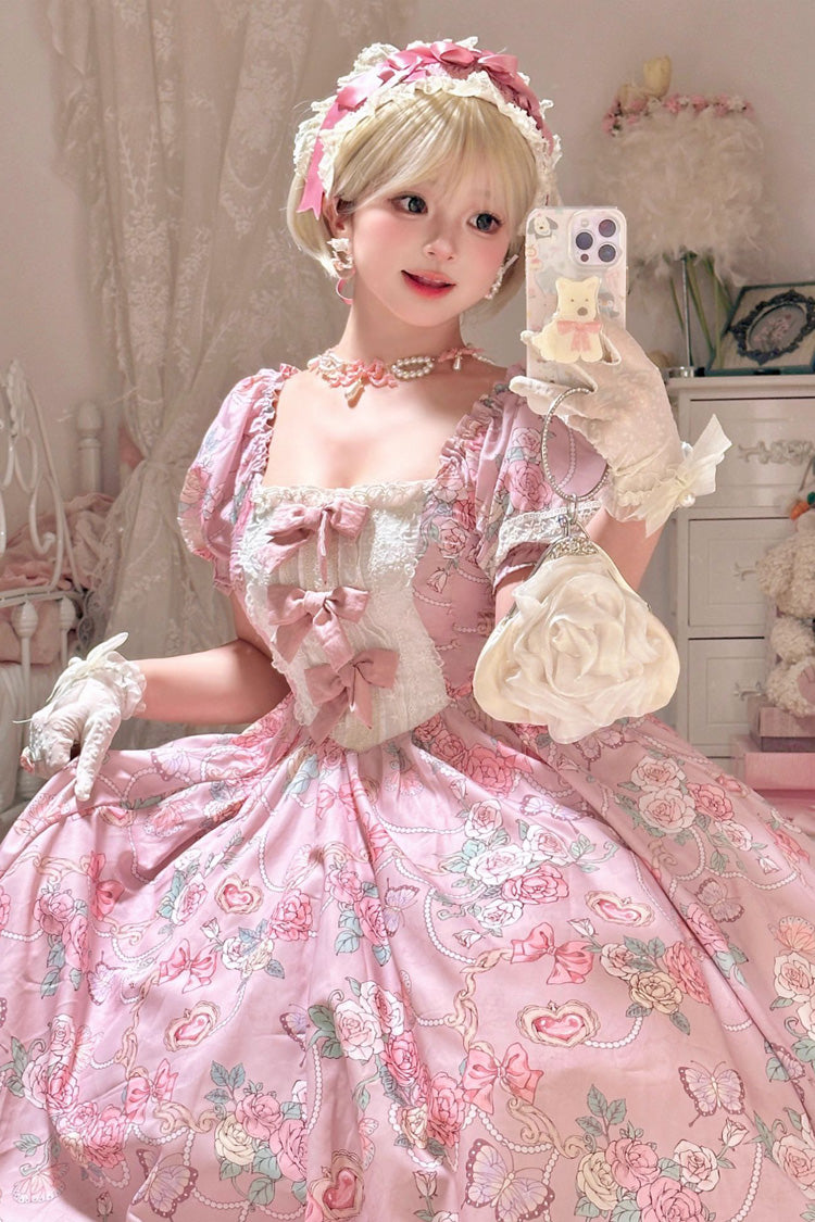 Pink Rose Print Puff-Sleeve Ruffle Bow Plus-Size Lolita Dress