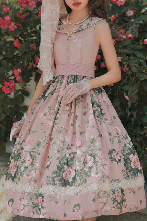 Floral V-Neck Sleeveless JSK with Ruffles in Pink