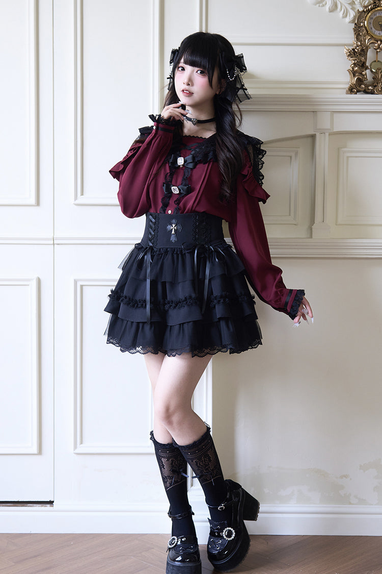 Navy Collar Bowknot Lace Long Sleeve Jirai Blouse in Three Colors