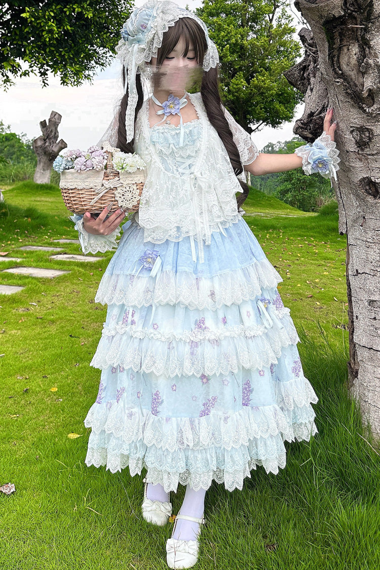 Violet Lavender Sleeveless Multi Printed Ruffled Bow Lace-Up JSK Set