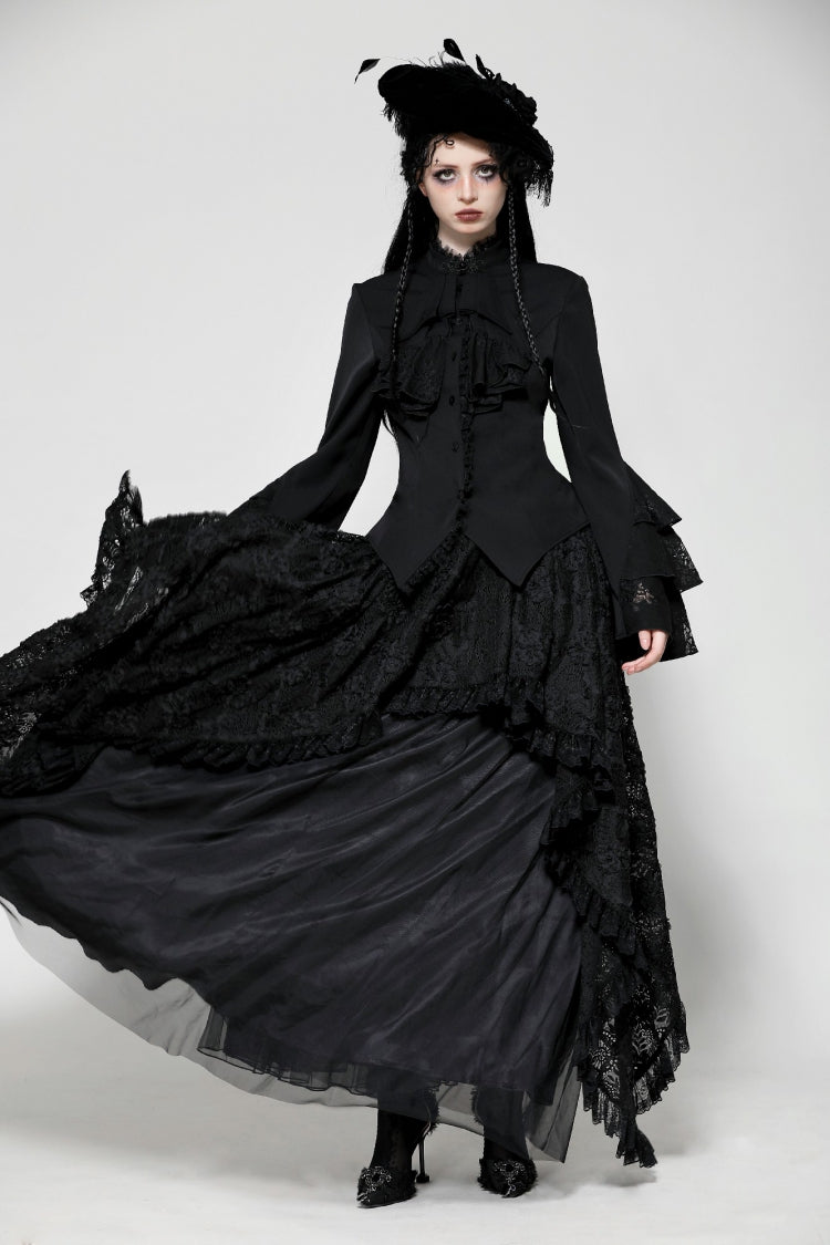 Multi-Layered Ruffled Stand Collar Long Flared Sleeve Gothic Blouse for Women Lace