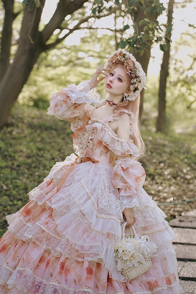 Pink Off-Shoulder Princess Dress with Rose Print and Ruffles