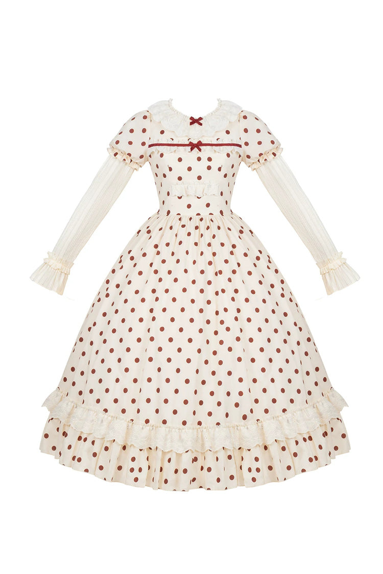 Apricot Sweet Elegant Lolita Dress with Cotton Round Collar Long Lantern Sleeves Polka Dot Print Ruffled Bow Lace