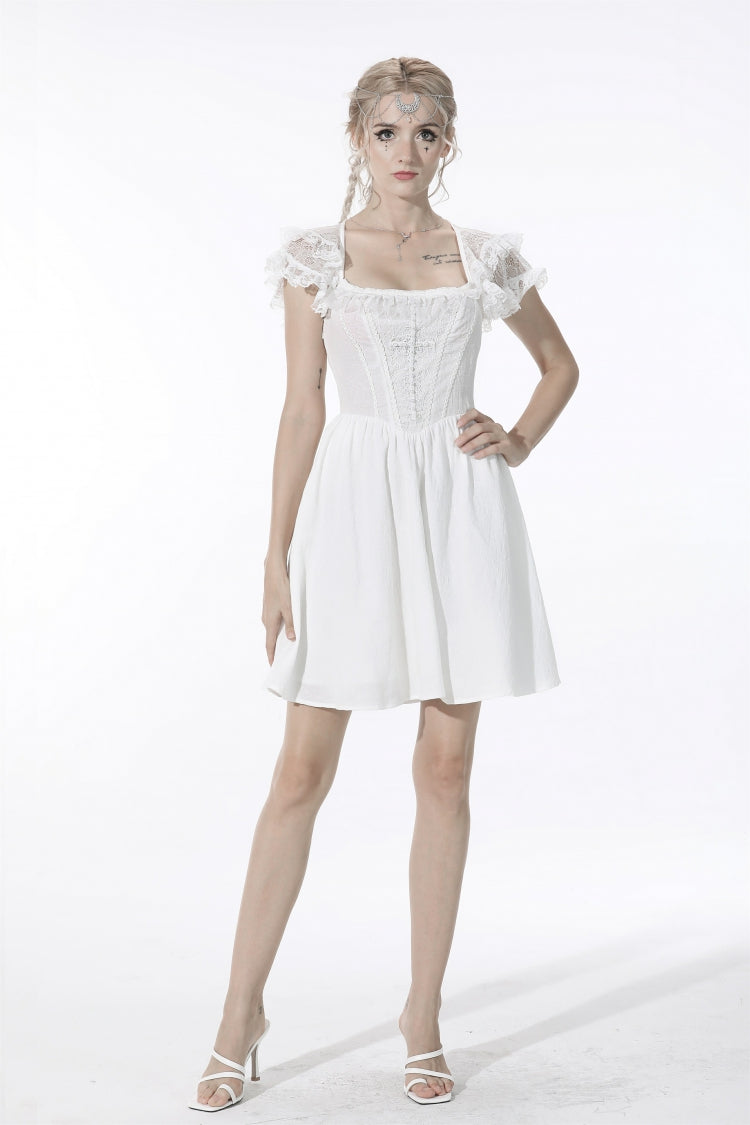 White Layered Lace Square Collar Strappy Gothic Mini Dress