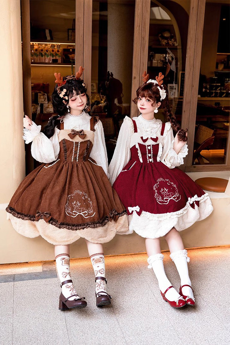 Autumn Winter Lolita JSK with Deer Print & Bowknot Embroidery