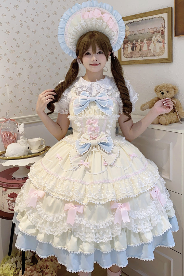 Yellow Blue Fondant Cake Sleeveless Layered Ruffle Bow Lace Sweet Jsk Dress