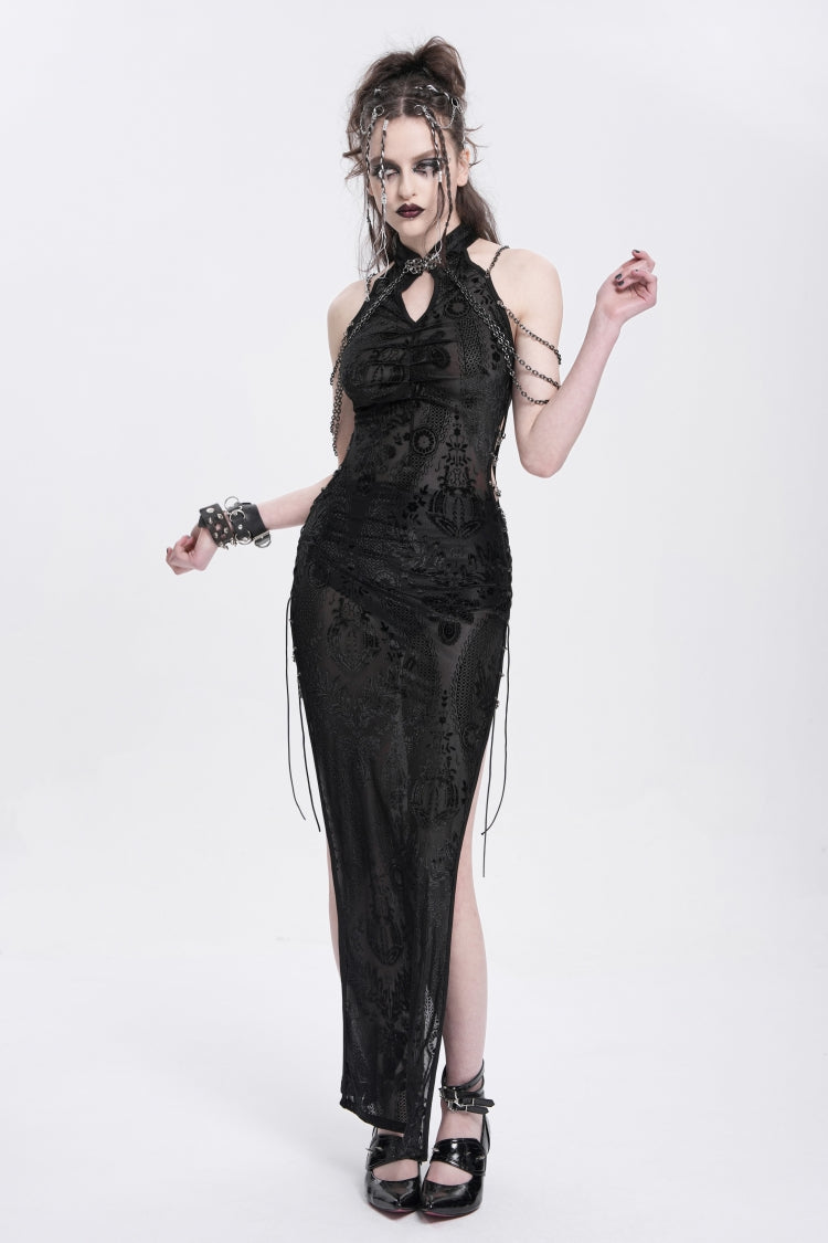 Stylish Black Cheongsam Collar Side Slit Embroidered Sleeveless Halter Gothic Dress