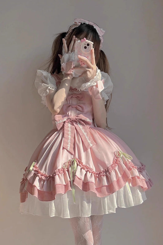 Blush & White Short-Sleeve Ruffled Bow Princess Sweet Lolita OP Gown