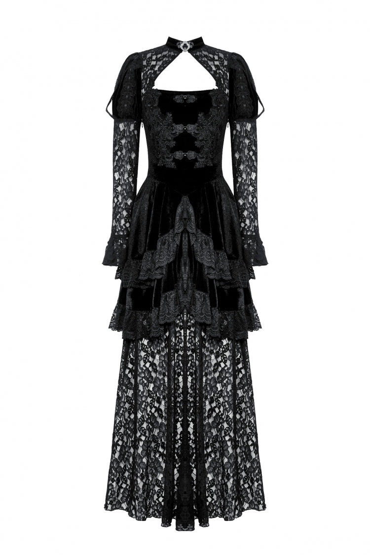 Jet-Black Gothic Evening Dress with Cutout Lace and Velvet Corset