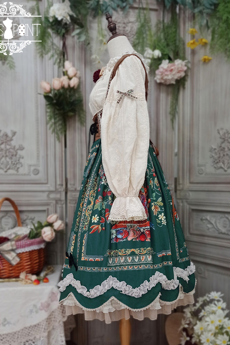 Green Velvet Classic Lolita JSK Dress with Berries and Birds Print Ruffle Bowknot