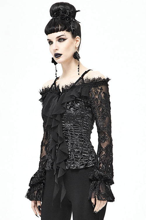 Velvet Sexy Gothic Blouse for Women with Lace Sleeves