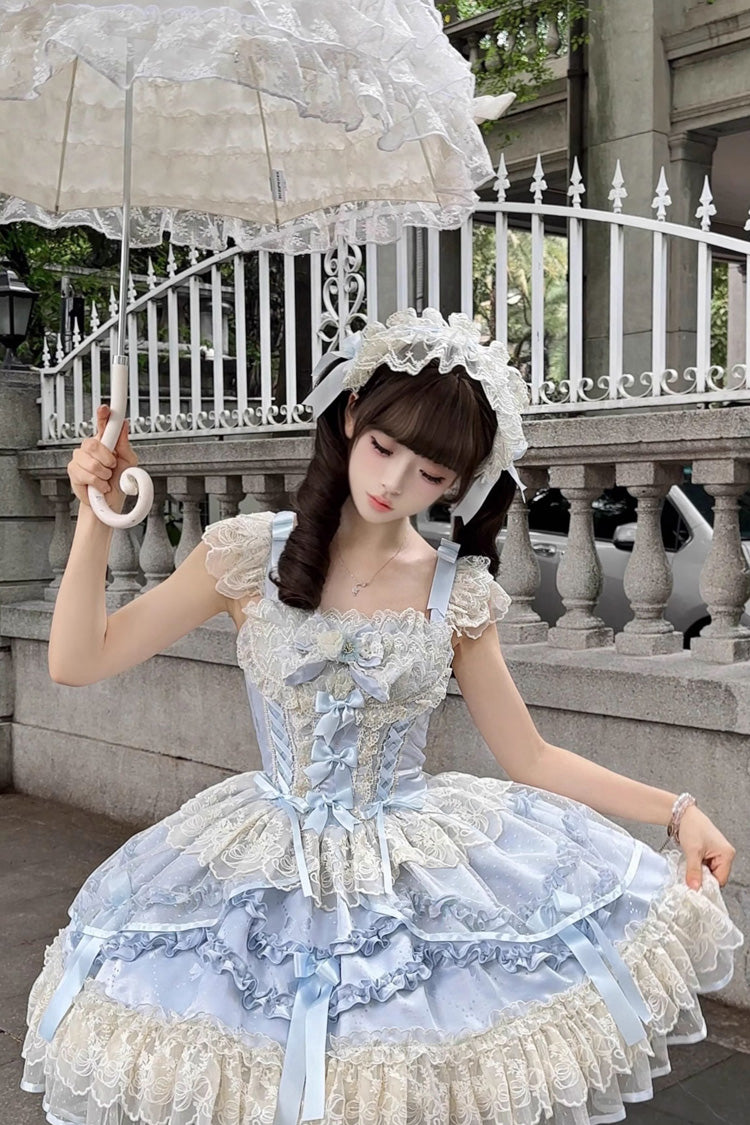 Dreaming Butterfly Blue Multi-Layered Jacquard Ruffle Bowknot Lace Sweet Princess JSK Dress