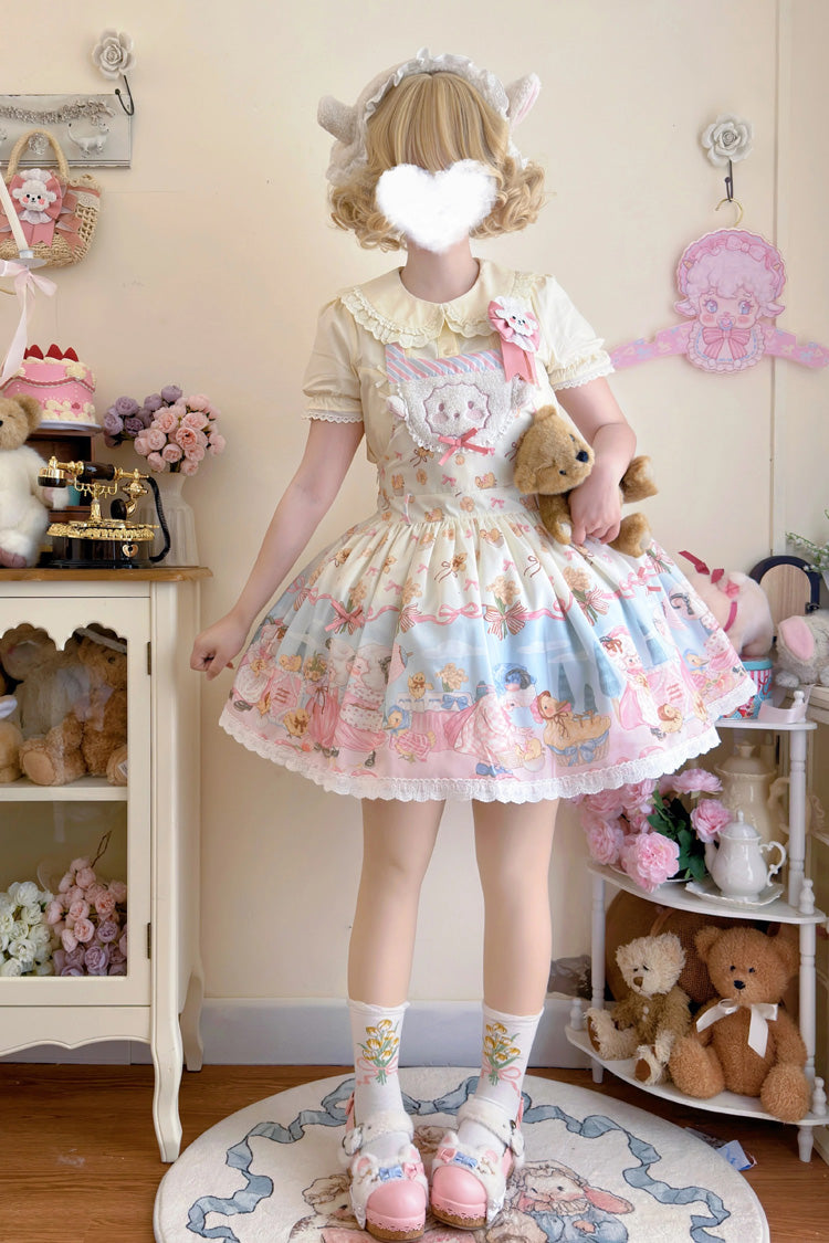 Blue/Pink Sheep Waltz Printed Ruffled Bow Lace Sweet Lolita Strap Dress - Miss Brown