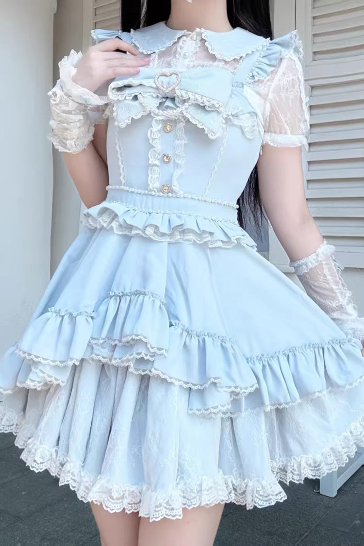 Light Blue Double-Layer Ruffle Bow Lace Sweet Jirai Kei Dress Set