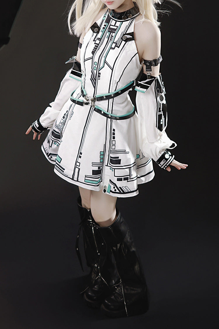 Stand Collar Print Futuristic Style Sweet Handsome Lolita Dress - White