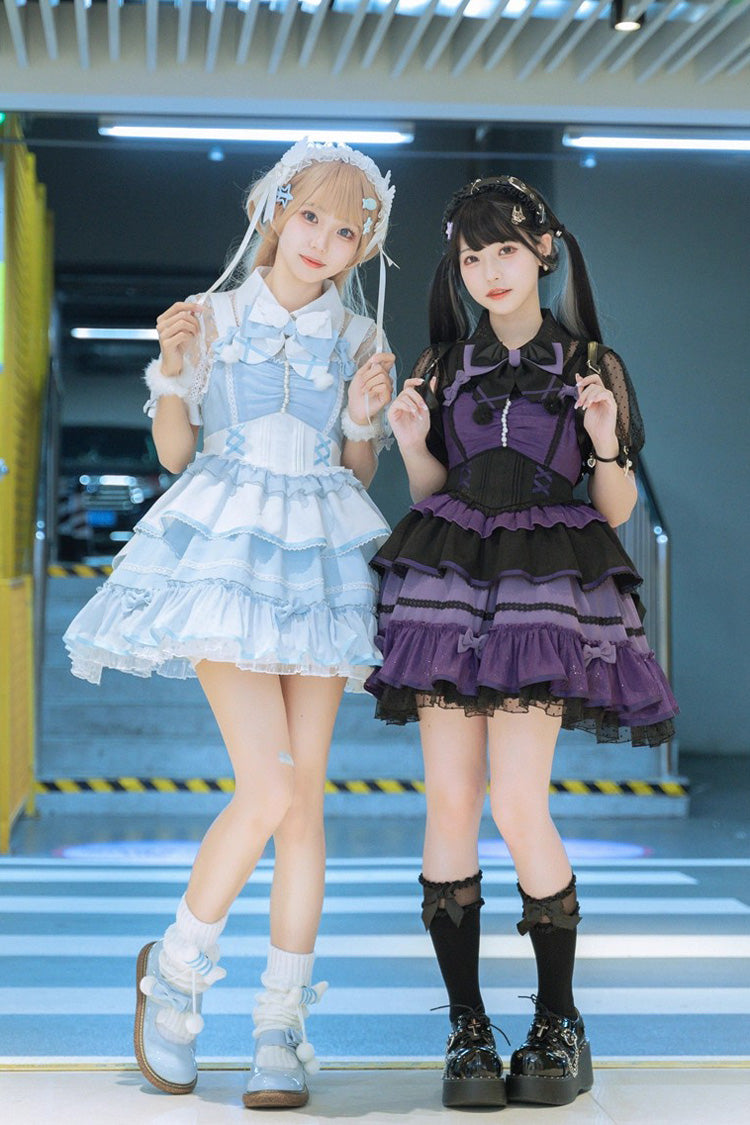 Blue/White Cotton Cloud Lapel Collar Ruffle Ribbon Lace-Up Girly Lolita JSK Dress