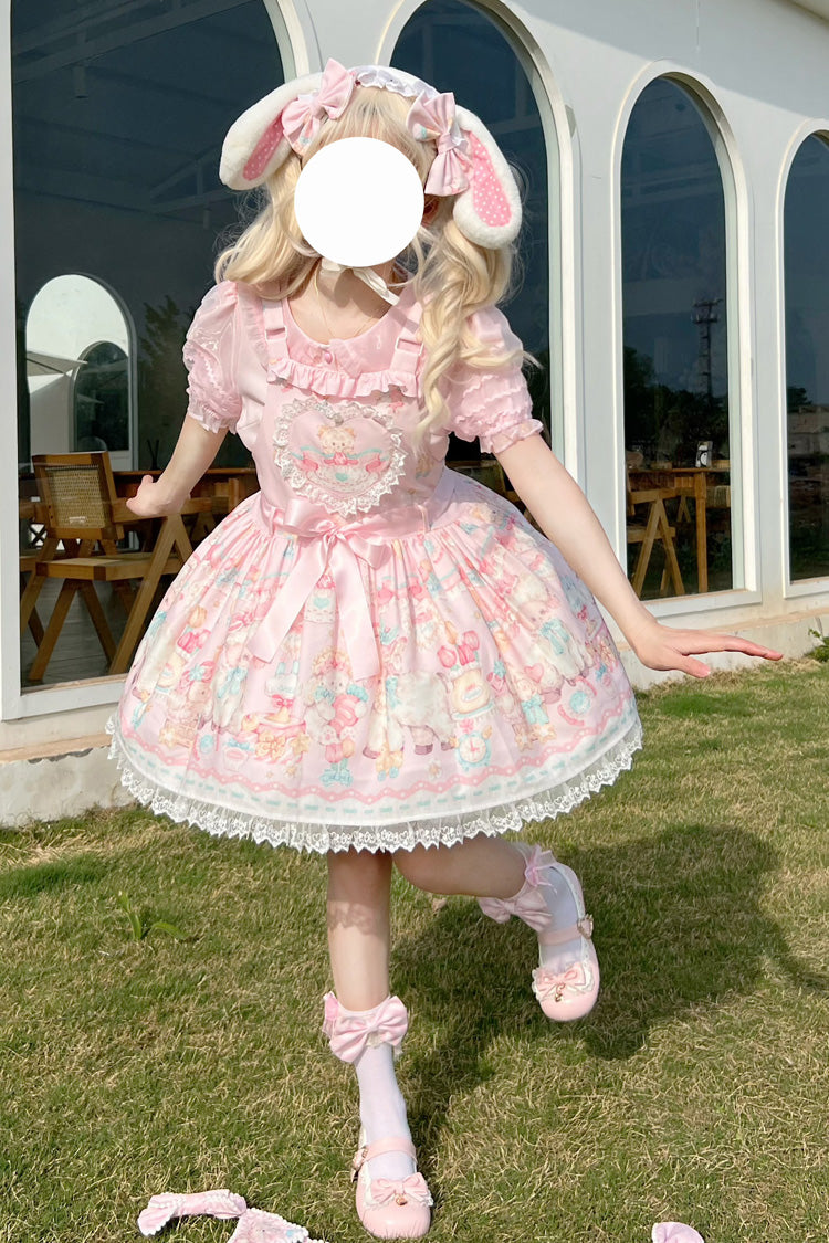 Pink Sheep's Party Printed Bow Stitching Lace Sweet Lolita Strap Dress - Miss Brown