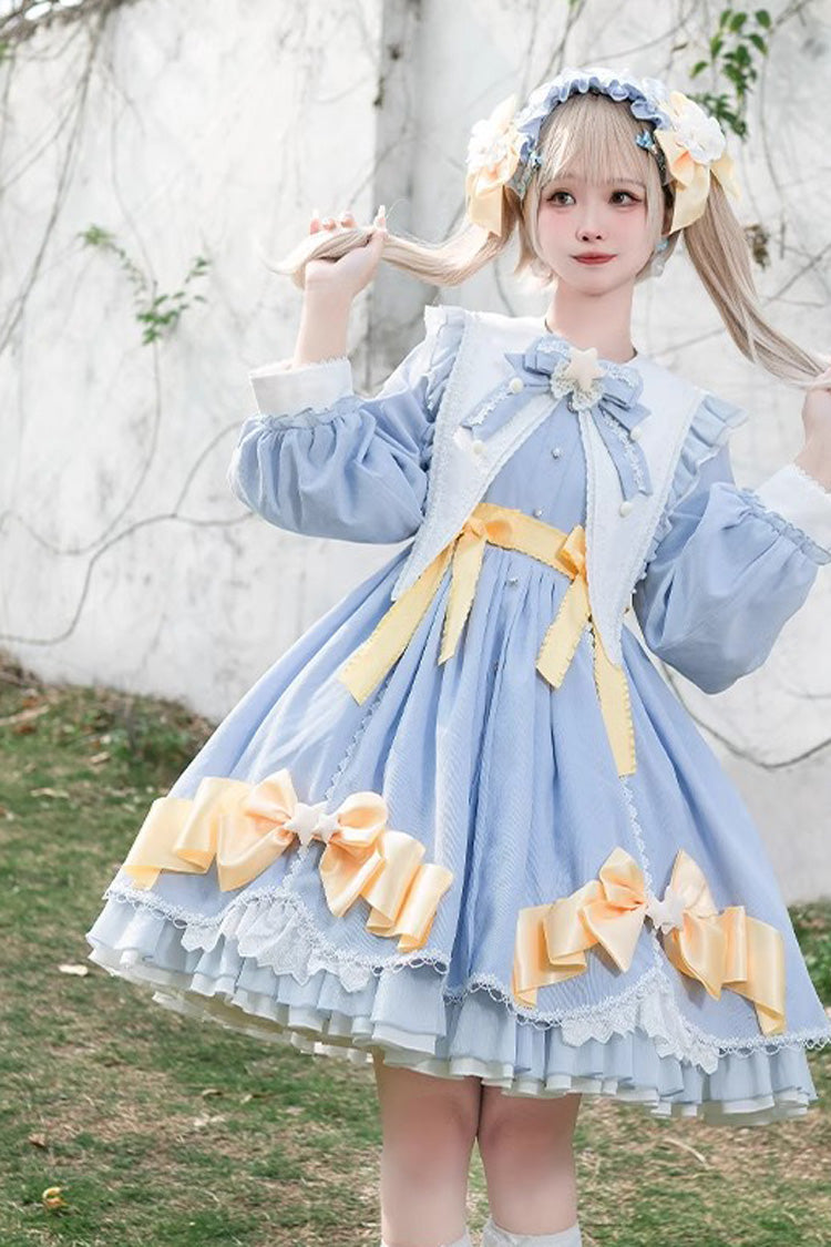 Azure Sleeping-Star Long-Sleeve Sweet Dress with Lace Stitching