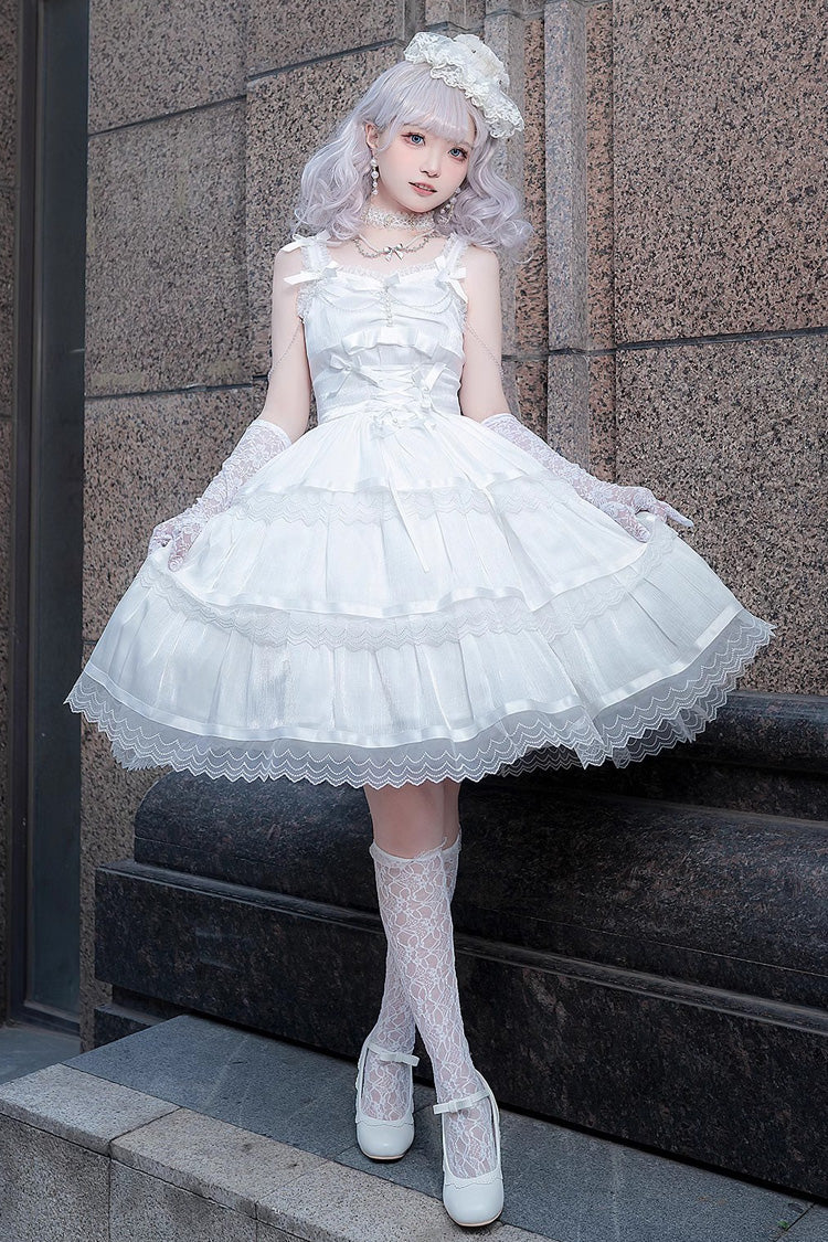 Ivory Sleeveless Multi-Layer Ruffle Bow Sweet Lolita JSK
