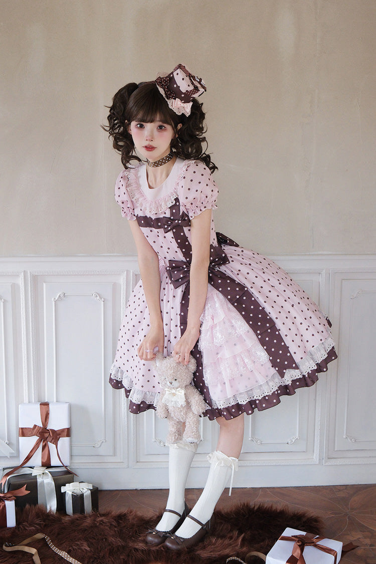 Canelé Gift Box Round Collar Short Sleeves Double-Layered Printed Polka Dot Ruffled Open-Front Bow Asymmetric Sweet Lolita Dress - Pink