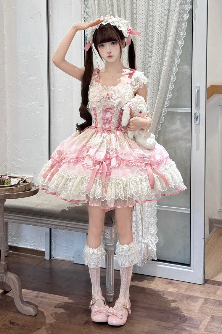 Dreaming Butterfly Pink Multi-Layered Jacquard Ruffle Bowknot Lace Sweet Princess JSK Dress