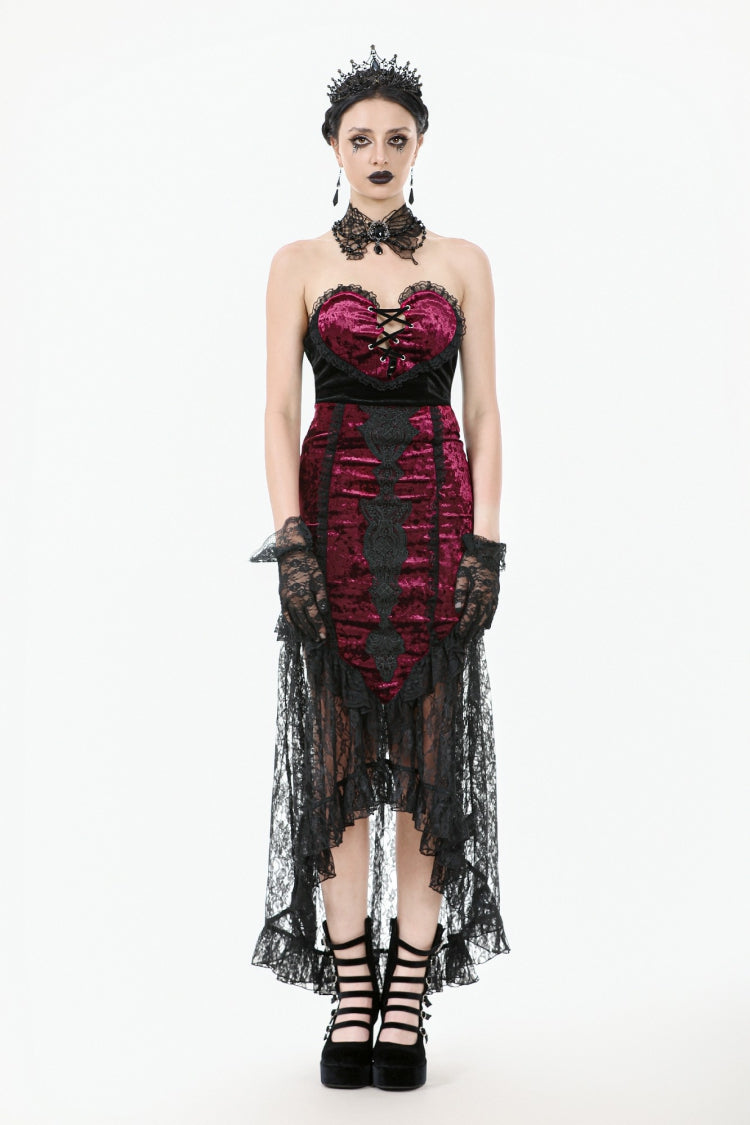 Crimson & Noir Velvet & Lace Lace-Up High-Low Maxi Gothic Skirt