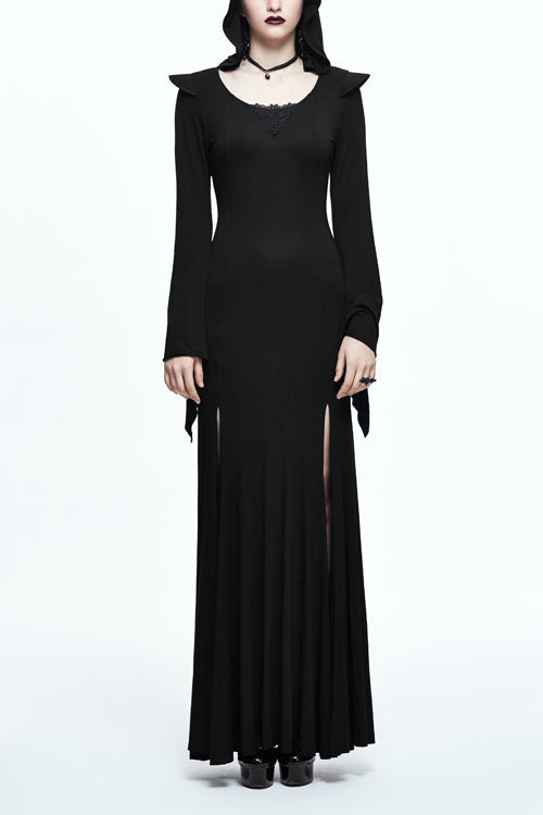 Hooded Knit Dress with Flared Sleeves and Fishtail Hem