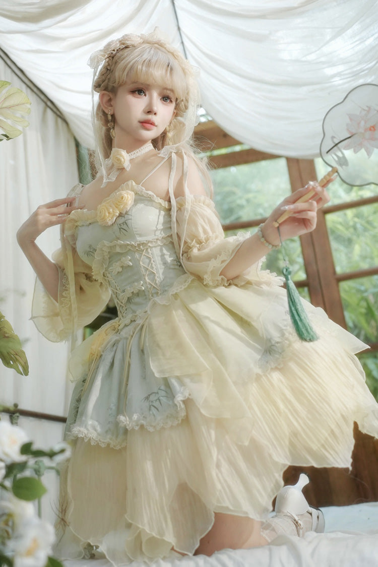 Tea Bamboo Song Green Sleeveless Jacquard Ruffle Bowknot Lace Irregular Sweet Chinese Style Ballet JSK Dress Set
