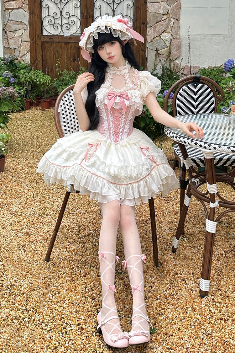 White & Pink Secret Garden Multi-Layer Ruffled Bow Lace-Up Sweet Princess Lolita JSK