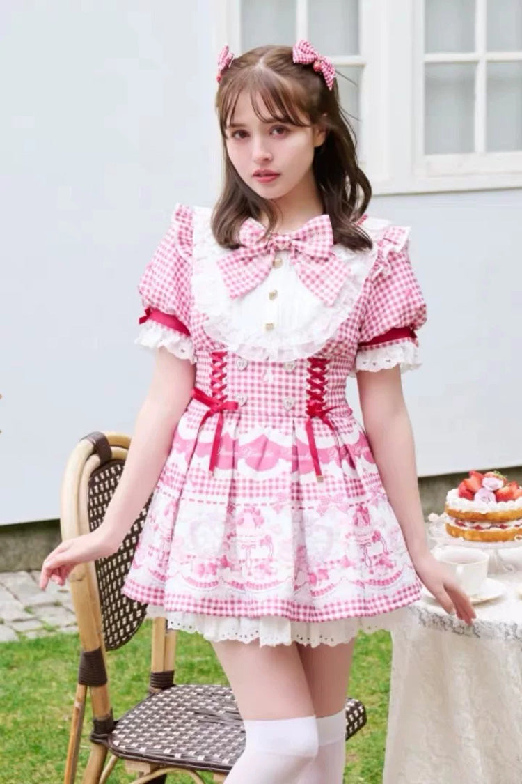 Lapel Collar Short Sleeve Printed Bow Jirai Kei Dress