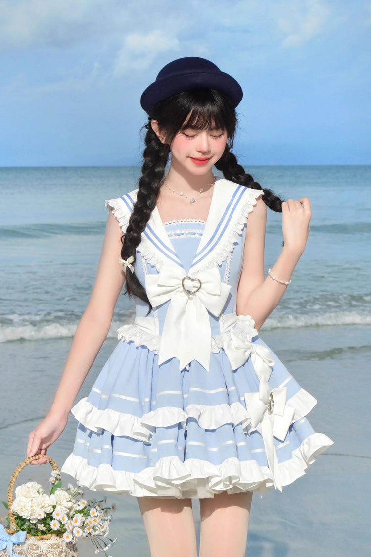 Light Blue Sleeveless Double Layer Lace Sweet Lolita Dress - Ruffled Bowknot