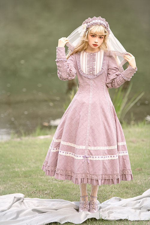 Mauve Cross Dark Church Lace Long-Sleeved Ruffled Classic OP