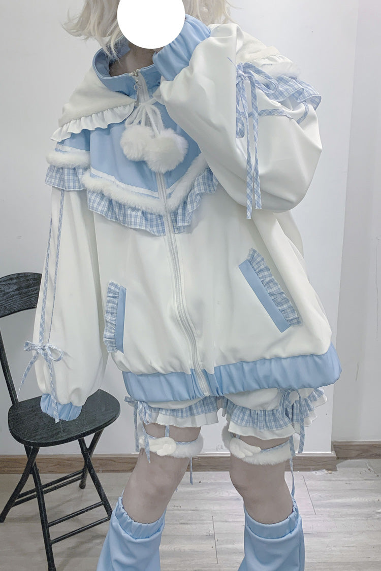 Ivory and Blue Star Bear Motif Hooded Ruffle Sports Jacket