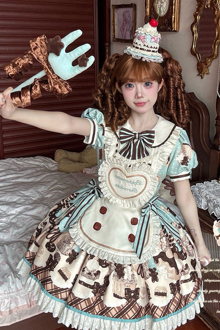 Brown Chocolate Cake Bear Print Ruffled Bow Lace-Up Sweet Dress - Peppermint Chocolate
