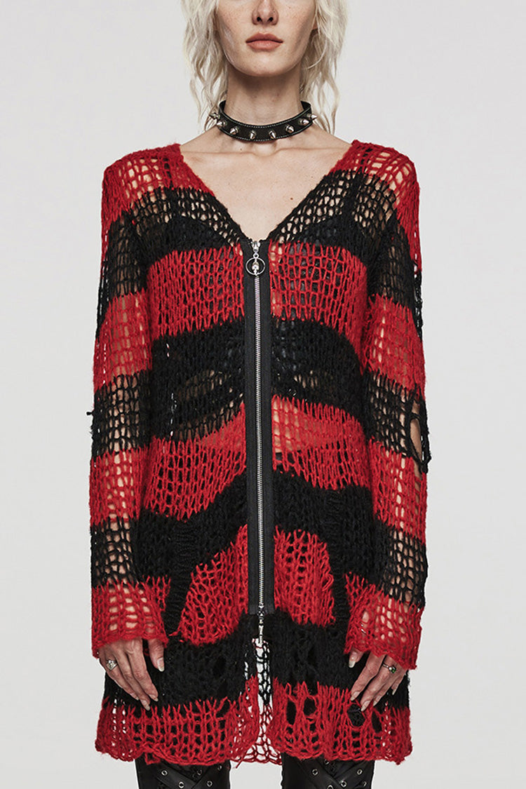 Irregular Ripped Striped Sweater with Zipper Accents