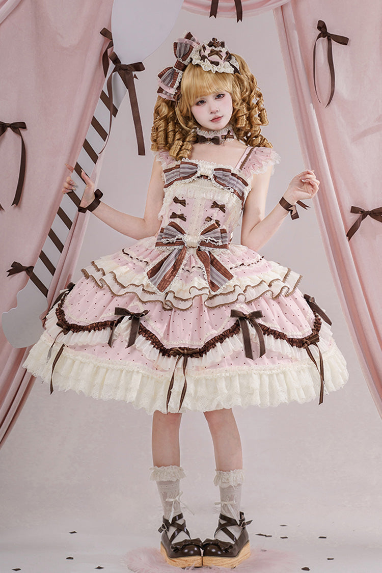 Sleeveless Print Ruffle Bow Lace-Up Sweet Elegant Lolita Jumper Dress - Pink