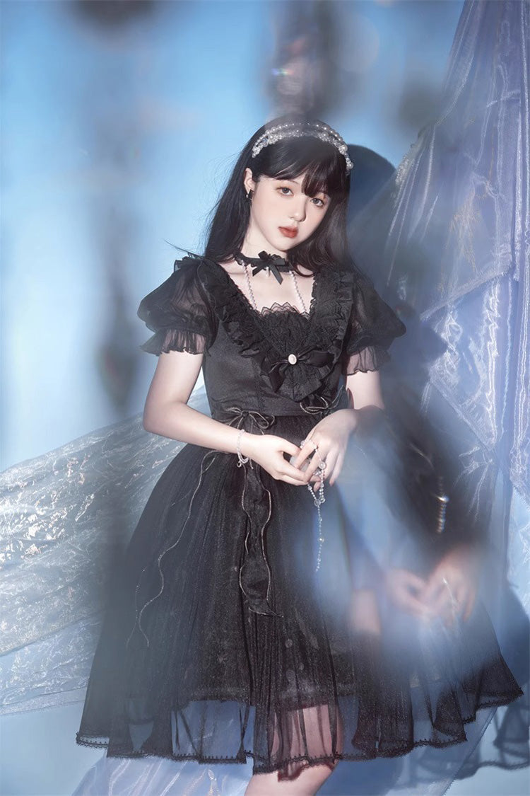 Black Planet Butterfly Printed Gothic Lolita Dress - High-Waisted Ruffled Lace
