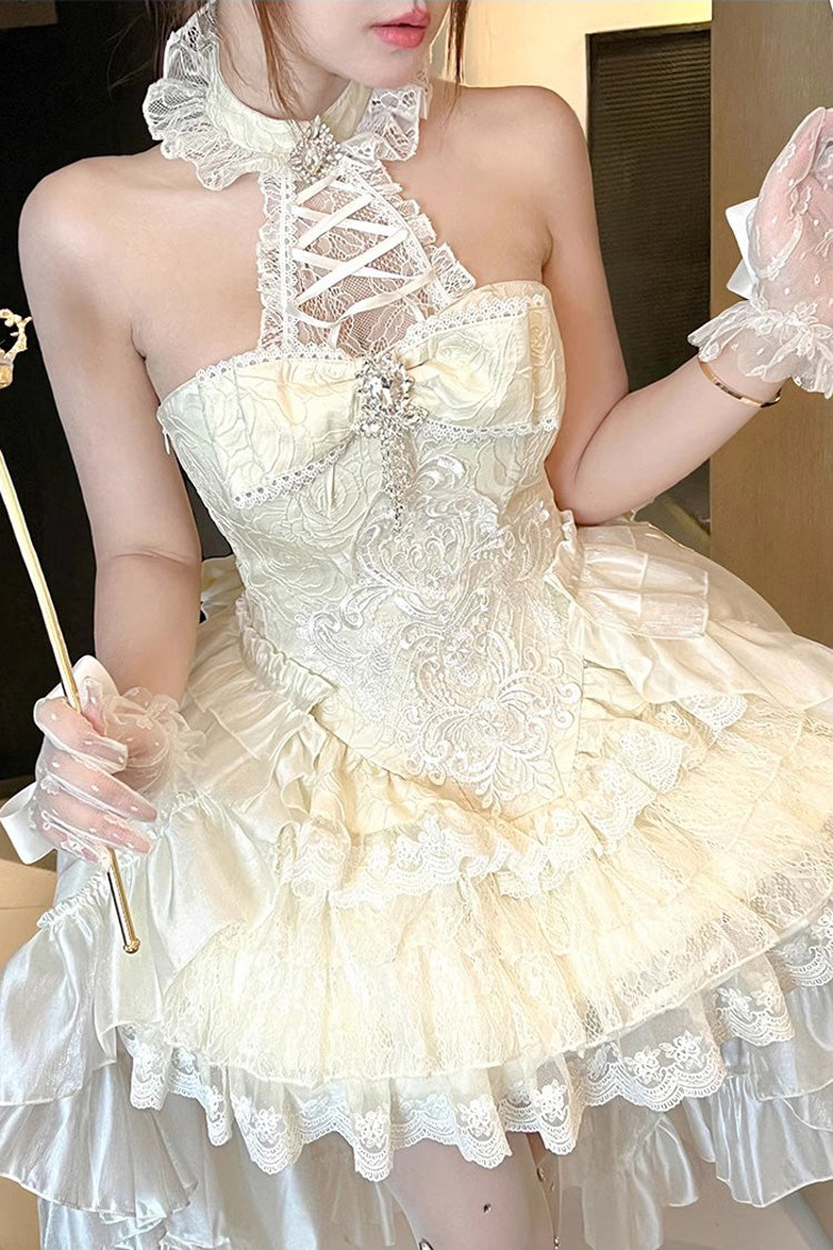 Ivory Halter Ruffled Bow Lace Princess Lolita Gown