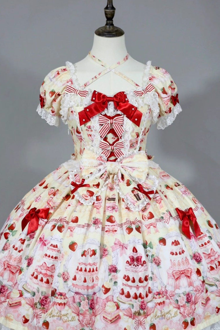 Square Collar Bowknot Lace Sweet Dress with Short Sleeves - Strawberry Cake Bouquet